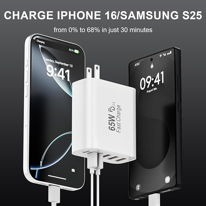 USB C Wall Charger Block, 65W GaN 6-Port Fast Charging Block,PD USB C Plug Adapter+QC Plug Compatible with iPhone iPhone 17/17 Plus/17 Pro Max/16/16 Plus/16 Pro Max/15 Pro Max/iPad Pro/14/13/12/11/SE