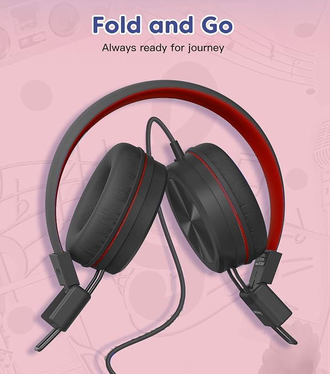 Kids Headphones, Toddler Headphone with Safe Volume Limiter 94dB, Wired School Headphones for Kid, 3.5mm Adjustable On-Ear Headphone for Boys/Girls/Children/Teens/iPad/Computer, Red Black