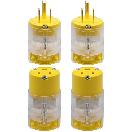 ELEGRP Lighted Straight Blade Electrical Plug and Connector Set 15 Amp 125 Volt NEMA 5-15P NEMA 5-15R 2 Pole 3 Wire Grounding, Commercial Grade, Yellow, 2 Set