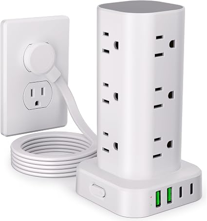 6FT Power Strip Tower Surge Protector, 12 Wide Spaced Outlets, 4 USB