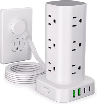 6FT Power Strip Tower Surge Protector, 12 Wide Spaced Outlets, 4 USB