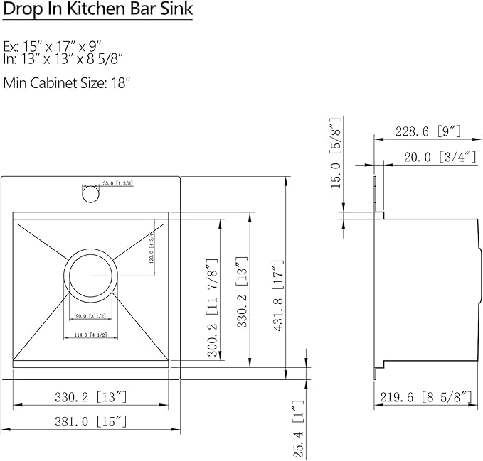 15 x 17 Inches Drop-in Kitchen Bar Sink, 15 Inch Stainless Steel Bar Sink Workstation Kitchen Sinks Topmount Single Bowl Small Kitchen Sink
