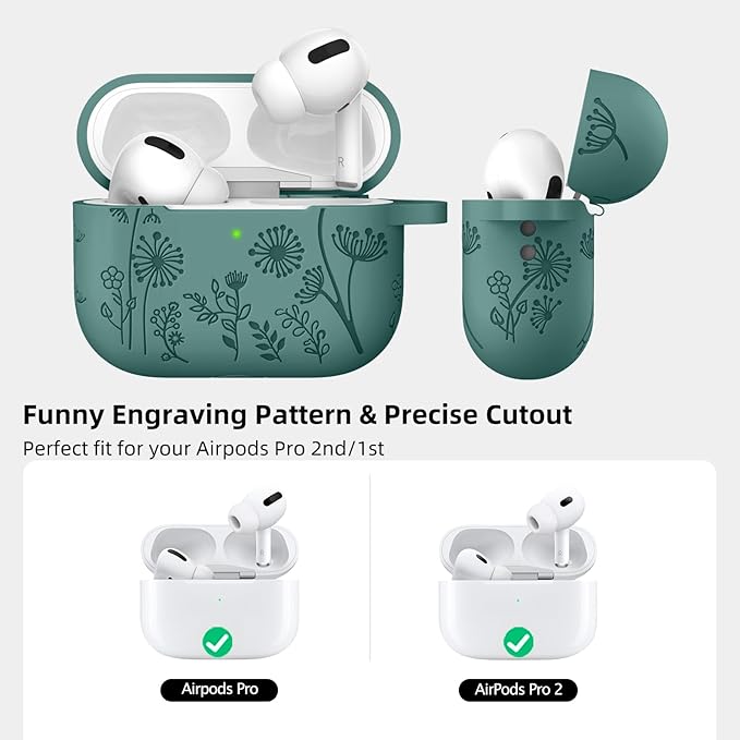 Lerobo for AirPods Pro 2 Case Cover, Flower Engraved Case Compatible with Apple Airpod Pro Case 2nd / 1st Generation, Cute Soft Silicone Protection Cover for Wowen with Keychain Accessories,PineGreen