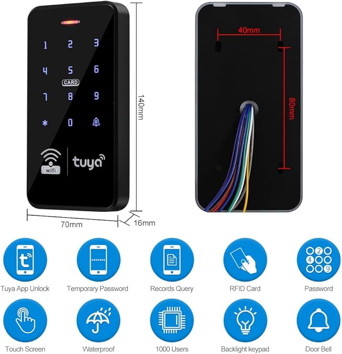 WiFi Access Control Keyboard, Tuya App, Dual Frequency 125 kHz/13.56 MHz, Backlit, WG26/34