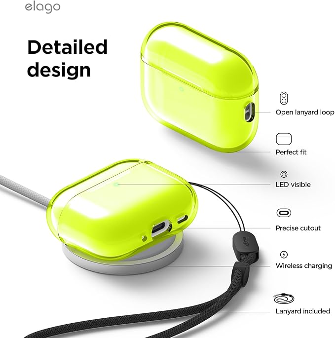 elago Clear Case Compatible with AirPods Pro 3 Case Clear Cover - Lanyard Included, Strap Included, Reduced Yellowing, Shockproof, Full Protection, Soft TPU (Neon Yellow)