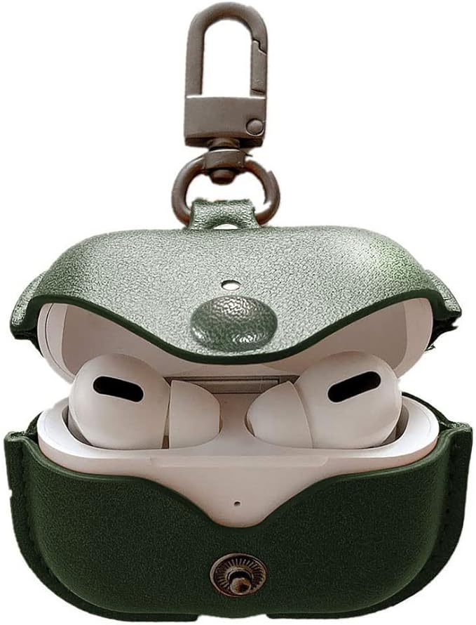 Genuine Leather Case Compatible with AirPods Pro Case 2nd/1st Gen (2023/2022/2019), VOMA Protective Cover for Apple AirPods Pro 2/Pro Wireless Charging Case with Keychain and Snap Lock Army Green