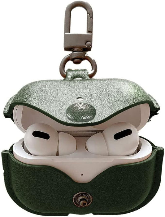 Genuine Leather Case Compatible with AirPods Pro Case 2nd/1st Gen (2023/2022/2019), VOMA Protective Cover for Apple AirPods Pro 2/Pro Wireless Charging Case with Keychain and Snap Lock Army Green