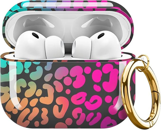 Compatible with AirPods Pro 3 Case 2025 for Women Girls – Cute Shockproof Protective Cover with Gold Round Buckle, Anti-Drop Soft Case for AirPod Pro 3rd Gen (Neon Leopard)