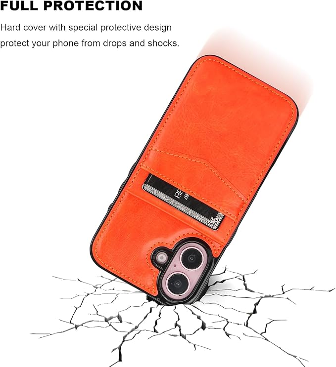 KIHUWEY Compatible with iPhone 16 Case Wallet with Credit Card Holder, Flip Premium Leather Magnetic Clasp Kickstand Heavy Duty Protective Cover for iPhone 16 6.1 Inch (Orange)