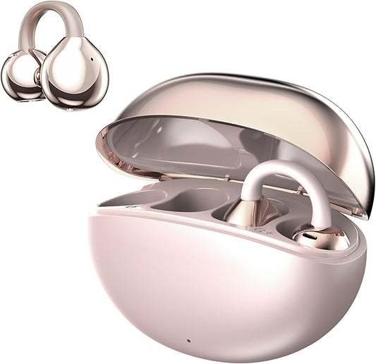 Clip On Open Ear Earbuds, Wireless Bluetooth 5.4 Headphones with Mic, Lightweight & Comfortable for Sports, Running,and Fitness,Bone Conduction,IPX5 Waterproof Noise Cancelling Earphones (Rose gold)