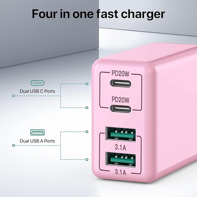 sccvee USB C Wall Charger, 40W 4-Port USB C Charger Block, Fast Charging Block Dual Port PD+QC Wall Plug Multiport Type C Compatible with iPhone 14/13/12/11/Pro Max/XS/XR/8/7, Tablet(Pink)