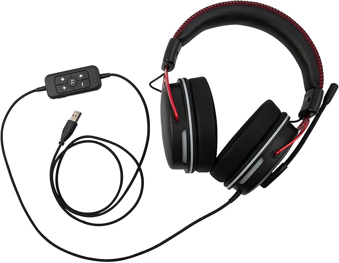 RadioShack Gaming 7.1 USB Headphones – Immersive Surround Sound, 50mm Drivers, 20Hz-20kHz Frequency Range, 32Ω Impedance, Black & Red Design for Gamers