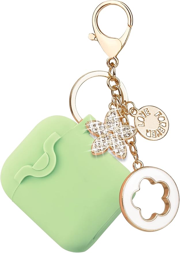 Secure Lock Silicone Case Compatible with AirPods Case 1 & 2 with Bling Keychain, Soft Protective Earpod Case Cover Earbuds Cases Women Girls for Apple Air Pod 2 Case - Green