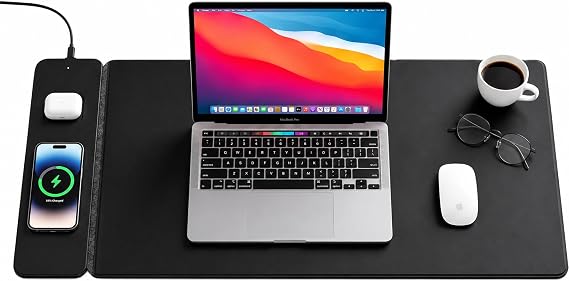 Wireless Charging Mouse Pad & Desk Mat with Detachable MagSafe-Compatible Qi Charger – Charges Phone + Earbuds, XL Vegan Leather Office Desk Pad with Hidden Storage, 30.7" x 14.6"