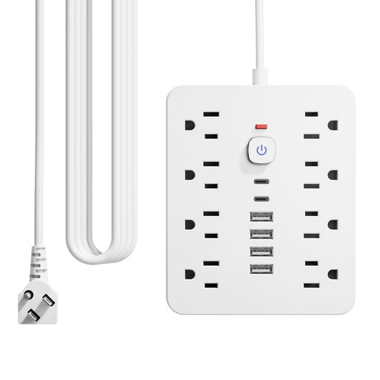 10 Ft Power Strip - Chiefway Wall Plug Extension Cord with 8 AC Outlets, 6 USB Ports (2 USB C) & One-Touch Switch, Flat Plug, Wall Mountable for Office Home Travel Dorm