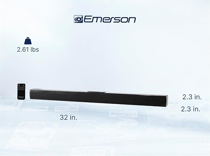 Emerson EHS-2000 32-Inch Bluetooth Soundbar, 2.0 Channel Home Theater Speaker System with Remote Control, USB/AUX Inputs, FM Radio, Compact, Wall Mountable Design