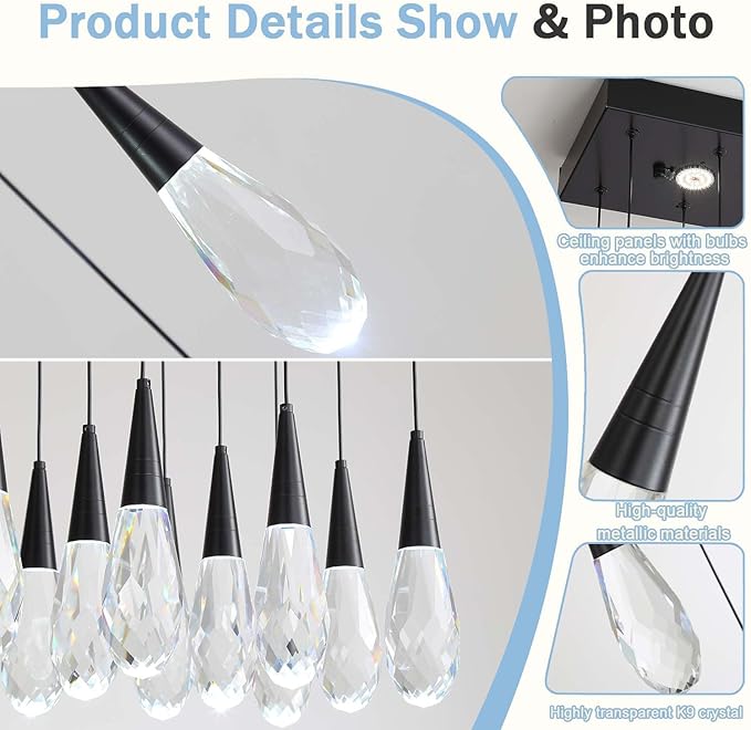 Rectangular Chandelier 24-Lights LED Dimmable Raindrop Chandeliers for High Ceiling Large Chandelier Light Fixture Black High Ceiling Pendant Lights for Villa Living Room Staircase