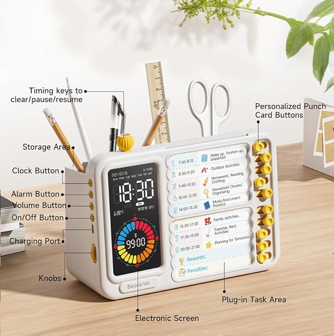 Electronic Visual Timer with Planning Board Pen Holder for Kids - 99 Mins Countdown Timer, Dry Erase Task Board, Daily Schedule & Chore Chart - Time Management & Goal Setting Tool for Home, Classroom