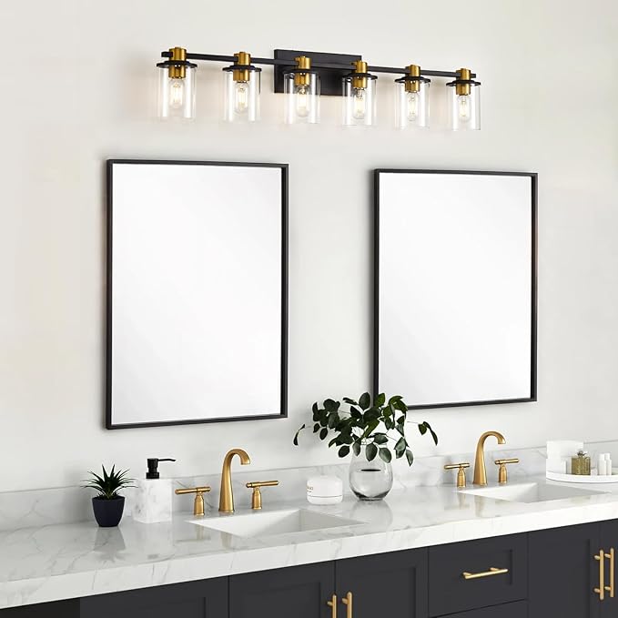 Bathroom Vanity Light, 6 Light Black and Gold Bathroom Light Fixtures, Sconces Wall Lighting with Clear Glass Shade, Modern Brushed Gold Vanity Lighting fixtures for Bathroom, Bedroom, Hallway