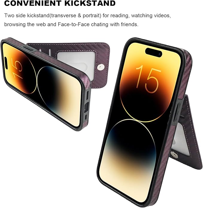 KIHUWEY Compatible with iPhone 15 Case Wallet with Credit Card Holder, Flip Premium Leather Magnetic Clasp Kickstand Heavy Duty Protective Cover for iPhone 15 6.1 Inch (Carbon Purple)