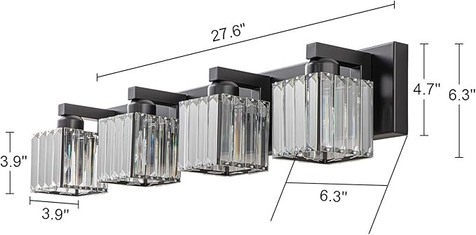 Black Bathroom Light Fixtures, 4-Light Modern Bathroom Vanity Lights Over Mirror, Wall Light Fixtures with Square Shade