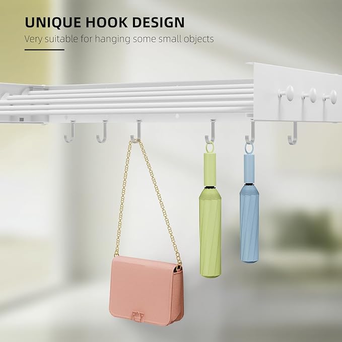 Drying Rack Clothing,Clothes Drying Rack Wall Mounted,Laundry Drying Rack Wall Mount,Foldable,Collapsible,60 lb Capacity 5 Aluminium Poles with 6 Hooks (White, 31.5'')