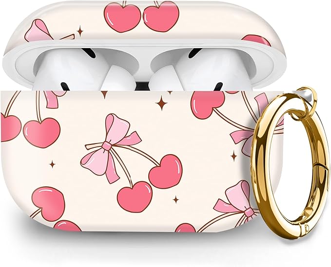 Cute Hard Case Compatible with AirPods Pro 2nd/1st Generation, Protective Cover with Golden Keychain, Fits 2023/2022/2019 Models, for Women, Girls, and Men(Pink Bow Cherry)
