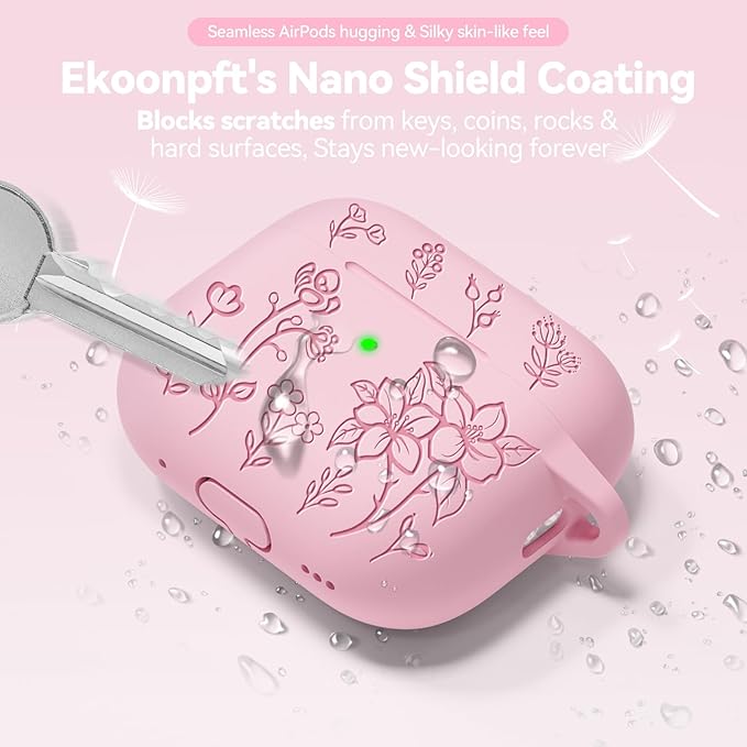 for AirPods Pro 3 Case Pink, Flower Engraved Case Cover Compatible with AirPods Pro 3rd Generation 2025, Soft Silicone Cases with Keychain & Cleaner for Women Girly, Shockproof, Anti-Scratch