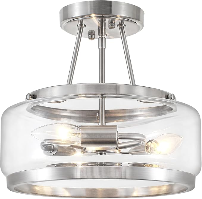Brushed Nickel Modern Glass Ceiling Light, 3-Light Drum Semi Flush Mount Ceiling Light Fixture, Entryway Light Fixture, Ceiling Lamp for Hallway Bedroom Laundry Kitchen Dining Room Lighting, UL-Listed