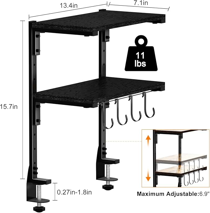 Clamp-on Desk Shelf, 13 inch Above or Below Desk 2-Tier Shelving, Adjustable Metal Storage Tray for Gaming Devices or Office Desk Accessories and More, Black, Patent Pending