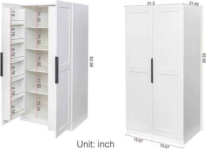 KEIKI 63" Tall Kitchen Pantry Storage Cabinet with Door-Side Rack & Shelves, Freestanding Wood Hutch Food Pantries Cupboard for Coffee Bar, Dining Room