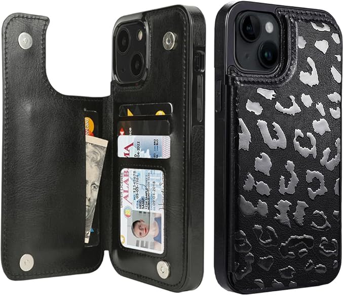 uCOLOR Compatible with iPhone 14/15 Plus 6.7" Wallet Case with Card Holder Slots Folio Flip PU Leather Kickstand Magnetic Clasp and RFID Blocking Cover (Black Leopard)