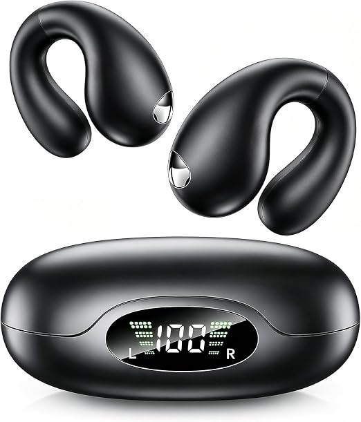 Upgraded Ultra Open Ear Earbuds - Lightweight Comfort Clip-On Wireless Bone Conduction Earbuds, Secure Fit & AI-Powered Clear Calls Bluetooth Open Ear Headphones for Work,Commute,Workout, Black