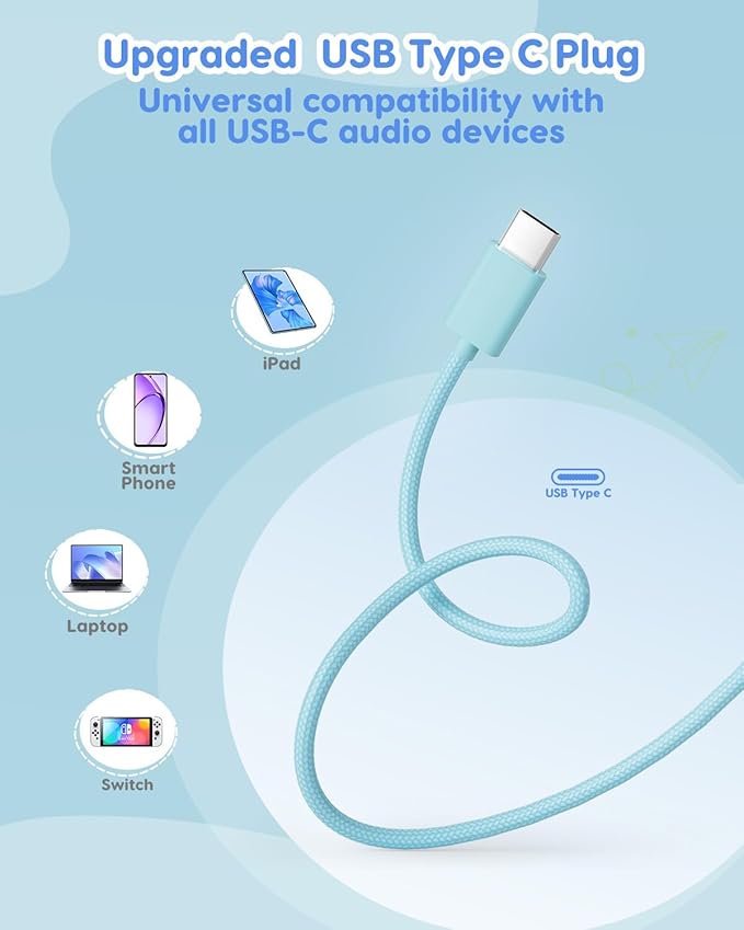 USB-C Kids Headphones, 74/85/94dB Volume Limiter, Foldable Wired Over Ear Headphones for Travel, Toddler Headphones for School, Travel, iPad, Tablet, Blue Gradient