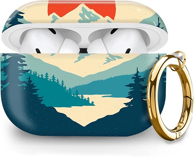 Cute Hard Case Compatible with AirPods Pro 2nd/1st Generation, Protective Cover with Golden Keychain, Fits 2023/2022/2019 Models, for Women, Girls, and Men(Beautiful Green Mountain)