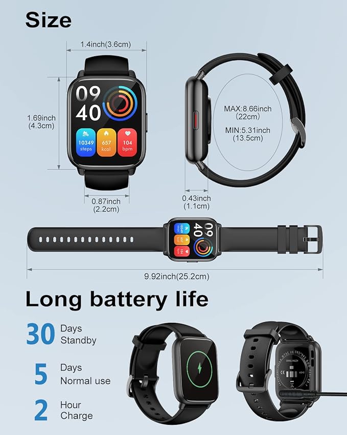 RUIMEN Smart Watches for Men Women (Answer/Make Calls, 2 Bands Included), 1.8" Smartwatch for iOS/Android Phones, Fitness Tracker Heart Rate/Sleep Monitor Digital Watch Waterproof Black