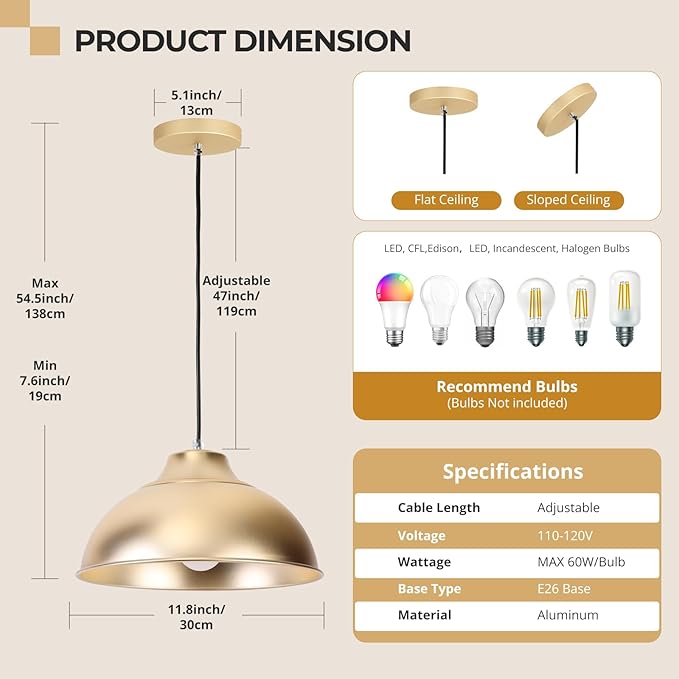11.8" Aluminum Modern Farmhouse Pendant Light,Adjustable Height 47 Inch Cord Dimmable Compatible E26 Base Sandblasting Oxidation Round Dome Hanging Light Fixture for Kitchen Island Indoor (Gold)