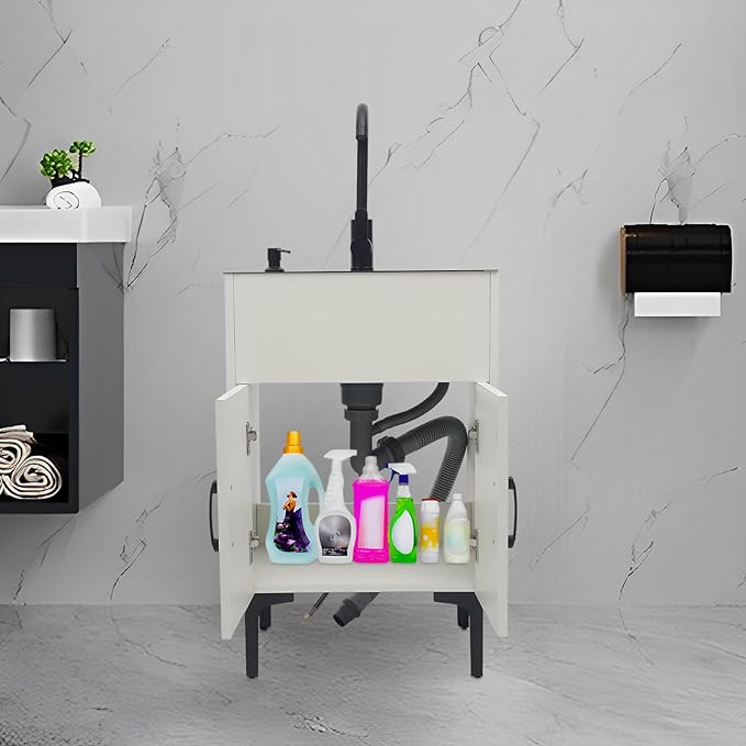 20-Inch Laundry Sink with Cabinet & 360° Swivel Hot/Cold Faucet, Freestanding Kitchen Sink Cabinet with Stainless Steel Sink & Drain Basket, White Cabinet with Sink for Laundry&Utility Room