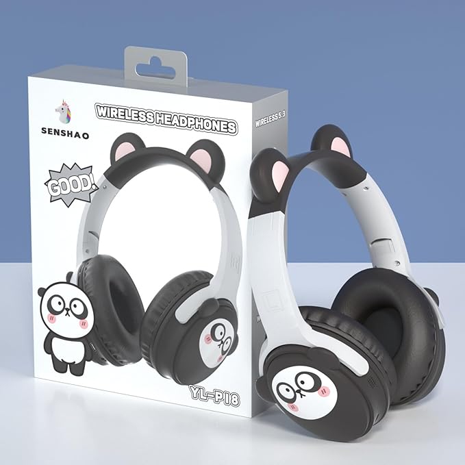 Kids Bluetooth Headphones， 85dB Safe Volume Limit, Stereo，Foldable Cute Up Cat Ear Children，Cartoon Animal Design,Ultra-Soft Over-Ear,Suitable for School & Travel (Black)