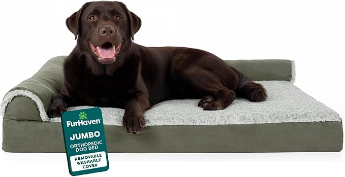 FurHaven Orthopedic Dog Bed for X-Large Dogs, L-Shaped Chaise Contour Mattress with Egg Crate Orthopedic Memory Foam for Joint Support, Removable Washable Cover, Jumbo/XL, Faux Fur & Suede, Dark Sage