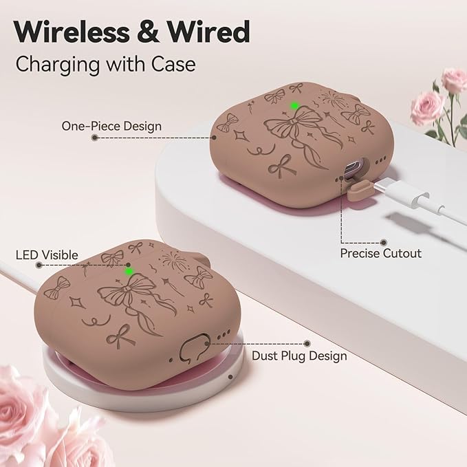for Airpods 4 Case Cover, Joremx Cute Bow Engraved Silicone Protective Case Cover with Keychain, Cleaner Kit for AirPods 4th Generation Case 2024 (Light Brown)