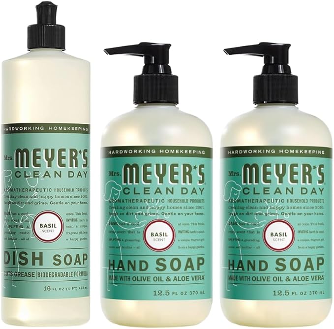 Mrs. MEYER'S CLEAN DAY Variety, 2 Liquid Hand Soap 12.5 OZ, 1 Liquid Dish Soap, 16 FL OZ (Basil)