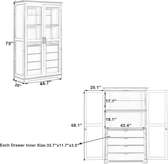 Kitchen Pantry Cabinet 44.7Wx20Dx75H inch, Freestanding Storage Display Cabinets with Glass Doors and 4 Built-in Drawers for Living Room, Home Office,Natural