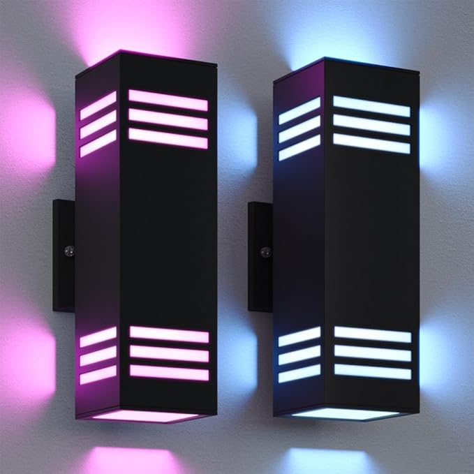 Smart Outdoor Sconce Lights 2 Pack, Up Down Wall Porch Lights RGB Color Changing WiFi APP Control, Dimmable LED Exterior Wall Lighting Fixtures Work with Alexa,No Hub Required,ETL Listed
