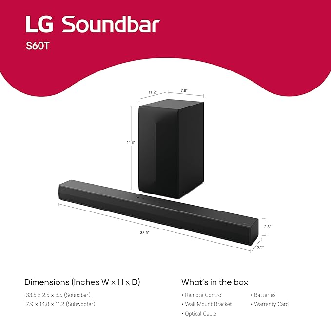 LG S60T 3.1 ch. Soundbar with Wireless Subwoofer, Dolby Audio, TV Synergy, Wow Interface, AI Sound Pro