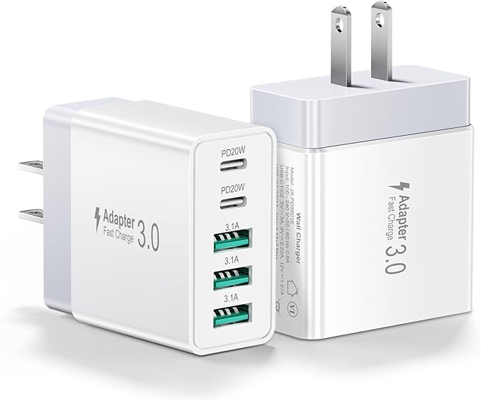 2Pack 5-Port USB C Charger Block, 50W Fast Charging Blocks 3 USB-A+2 USBC Wall Plug Power Adapter Outlet Multiport Type C Box Cube Brick for iPhone 16e 16 Pro Max iPad, Tablets Samsung S25, Pixel 7