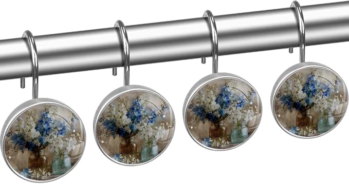12 Packs Vintage Flowers Vase Shower Curtain Hooks, Stainless Steel Glass Shower Curtain Rings for Bathroom Decor, Metal Rustproof Curtain Rod Hooks