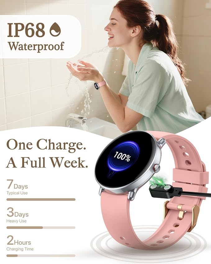 Smart Watch for Women Men, for Android iOS with Sleep & Calorie Monitor, Pedometer Fitness Tracker, Bluetooth Call, IP68 Waterproof, 112+ Sport Modes Round Face Smartwatch (Baroque Pink)