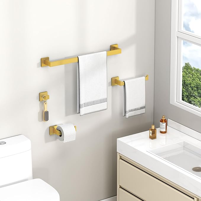 Bathroom Hardware Set 4-Piece, Angle Simple SUS304 Stainless Steel Bath Accessory Kit, Bathroom Fixture Set with Robe Hook, Toilet Paper Holder, Towel Holder and Towel Bar Brassy Gold