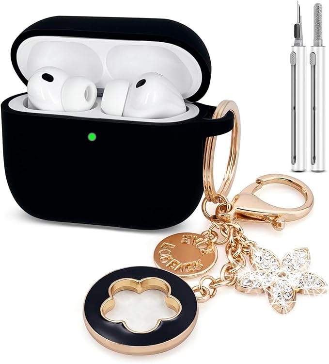 Compatible with AirPods Pro 3 Case Cover 2025 with Bling Keychain Cleaner Kit Silicone Case for AirPods Pro 3rd Generation Wireless Earbuds (Black)